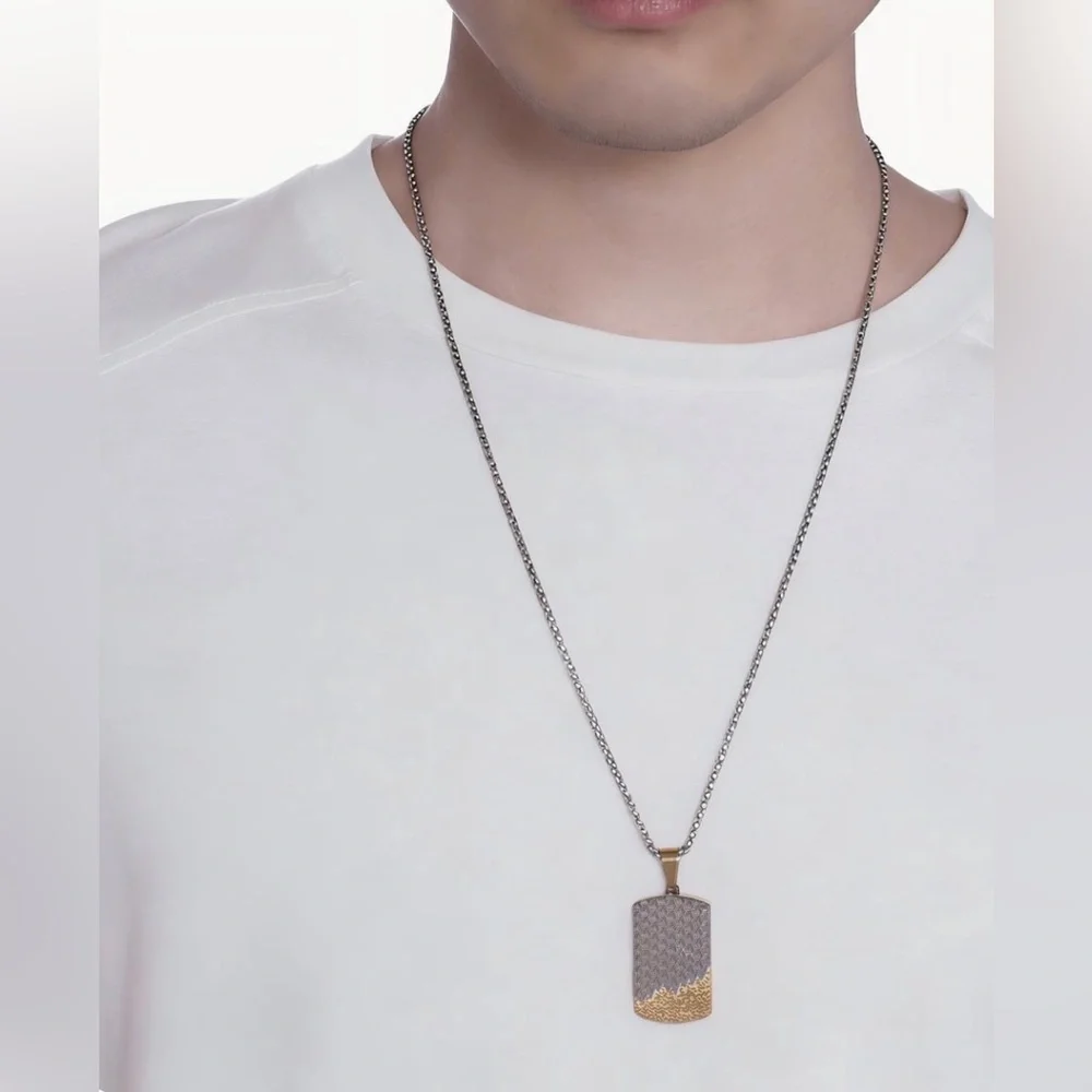 Stainless Steel Two Tone Drip geometric textured Pendant Necklace brand new